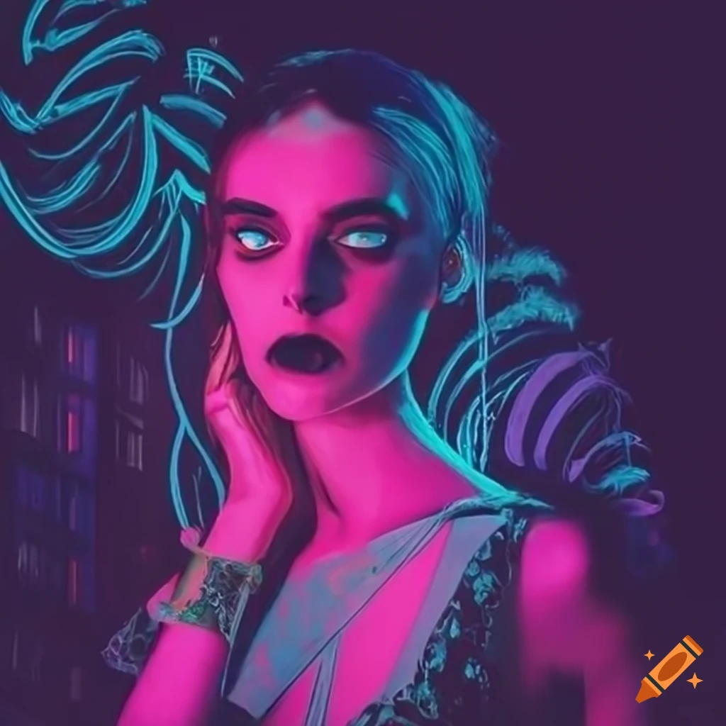 artwork of a woman in a neon cityscape