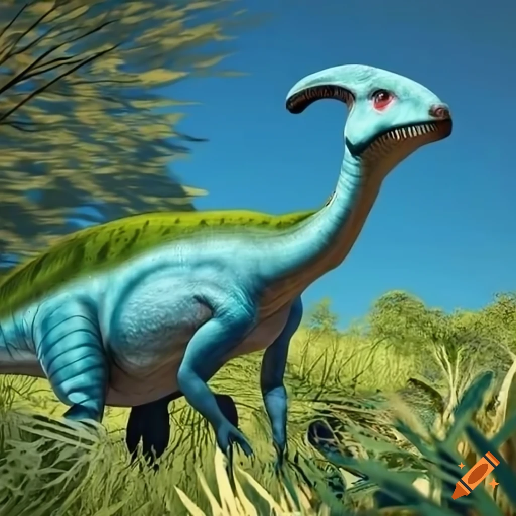 Illustration of a blue parasaurolophus in tall vegetation