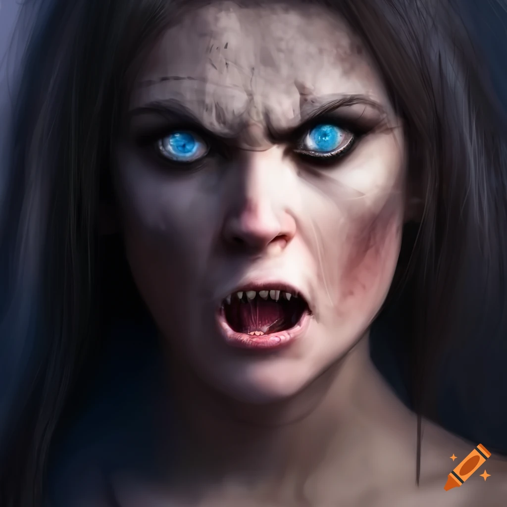 Image of a snarling brunette werewolf woman on Craiyon
