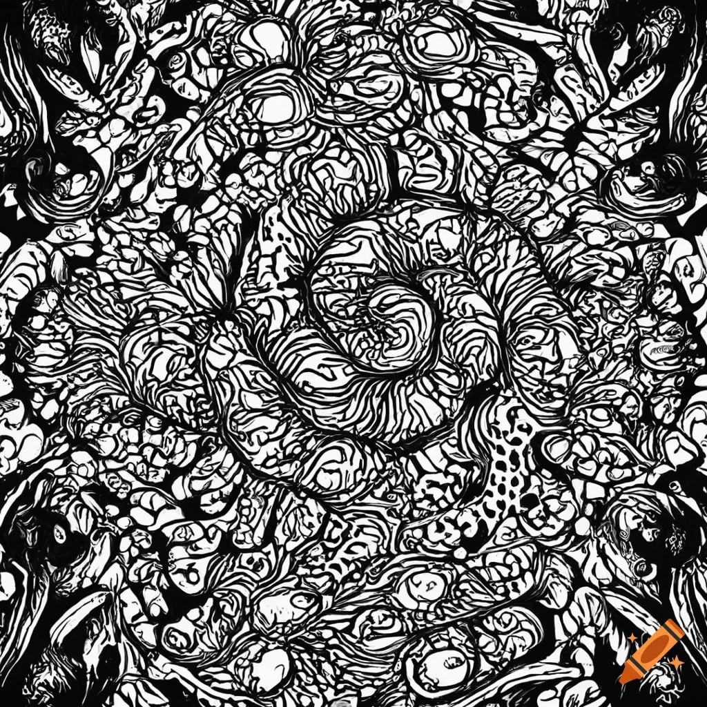 intricate black and white line drawing of swirling mushrooms