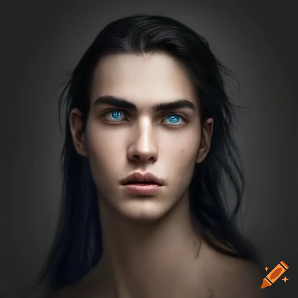 portrait of a man with long black hair and blue eyes