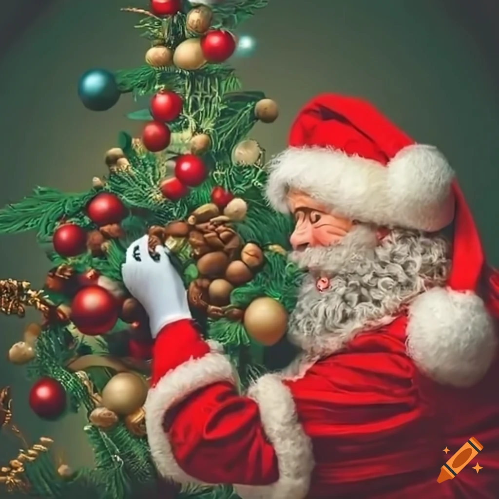 Santa Decorating A Tree With Coffee Beans On Craiyon