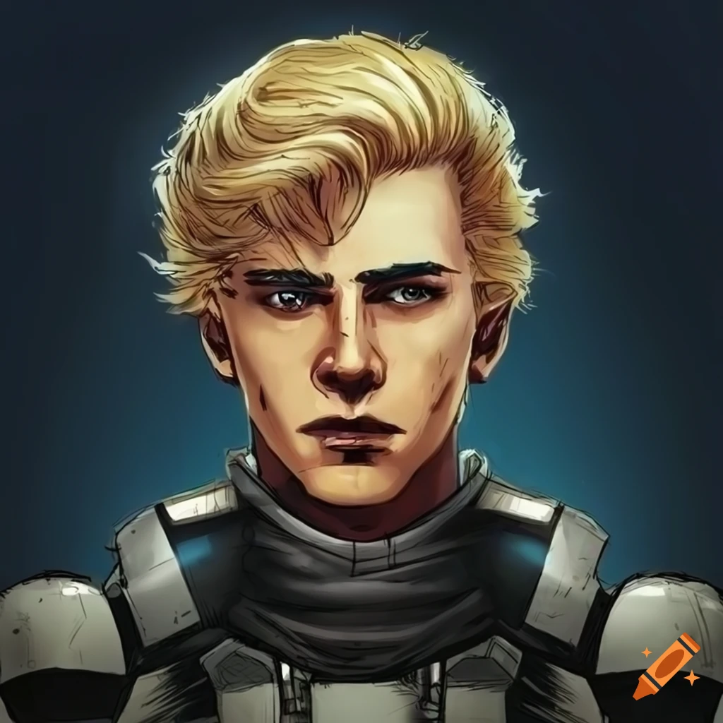 blonde young man in a retro scifi comic style