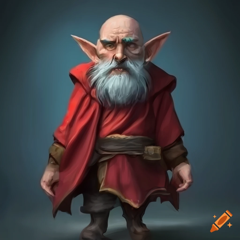 Portrait of a gnome sorcerer in red robes on Craiyon