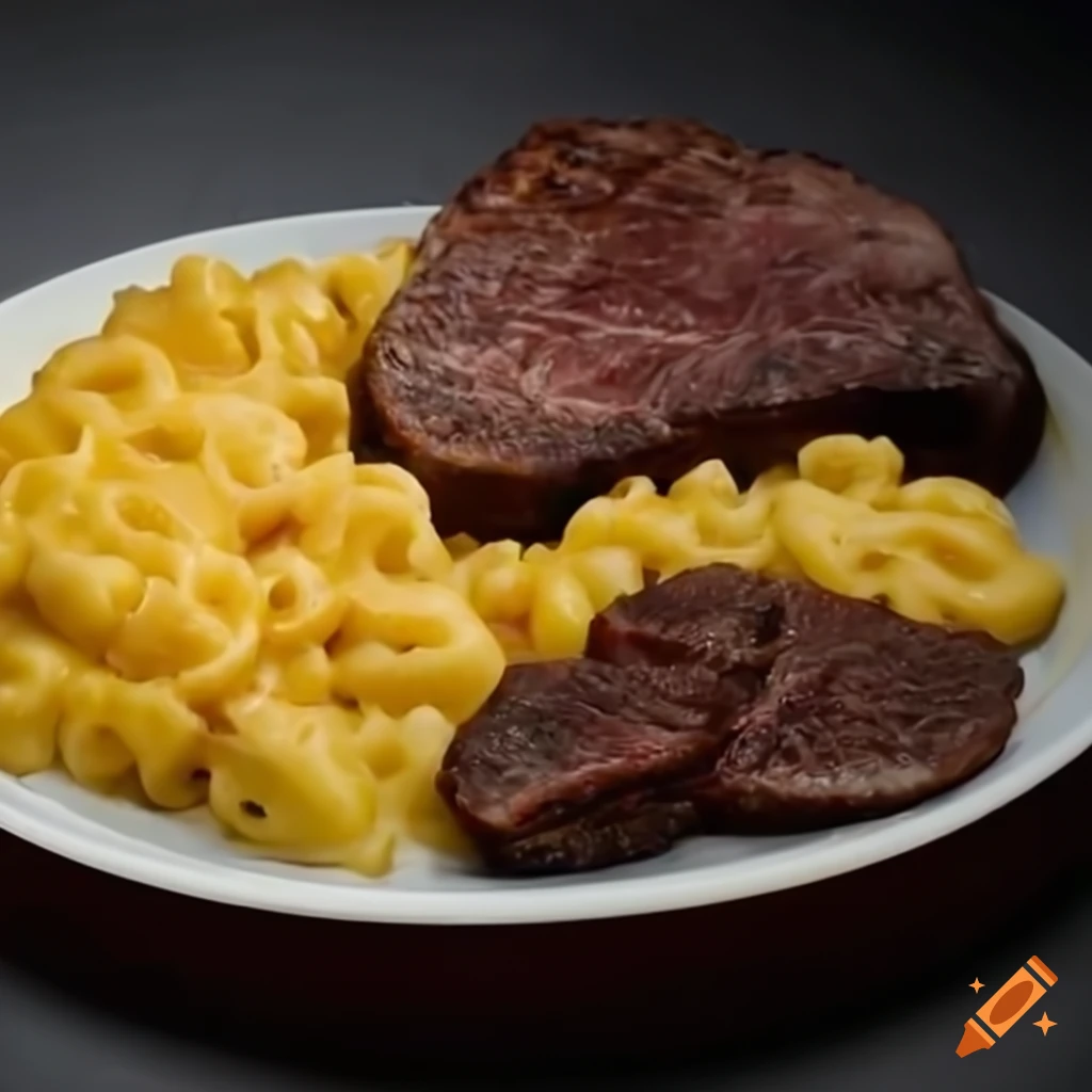 Delicious meal with mashed potatoes, mac and cheese, and steak on Craiyon