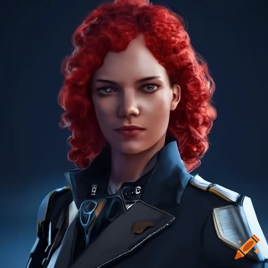 Sci-fi navy officer with red curly hair in armor
