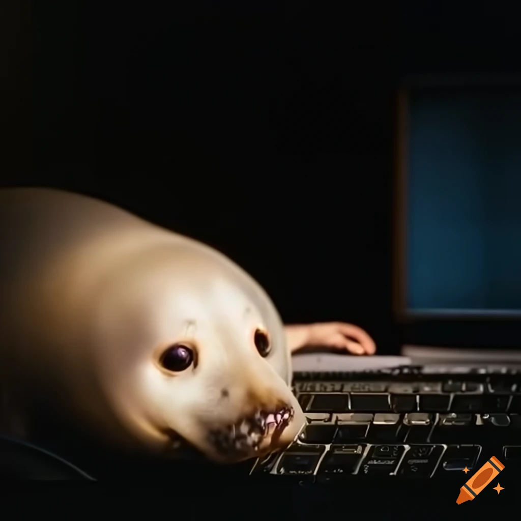 Seal working on a computer at a desk on Craiyon