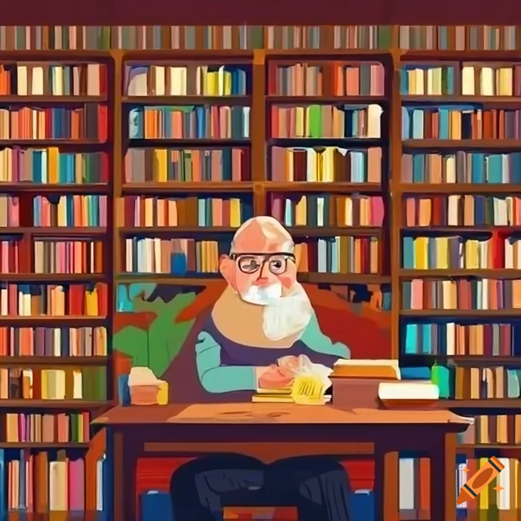 Cozy bookstore with bookshelves and old man at desk on Craiyon