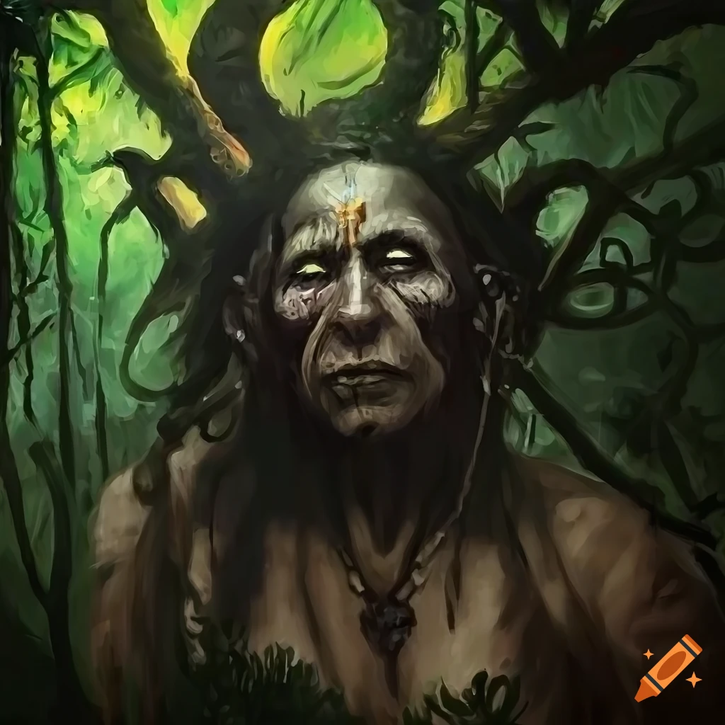 Oil painting of a sinister shaman in a dark jungle