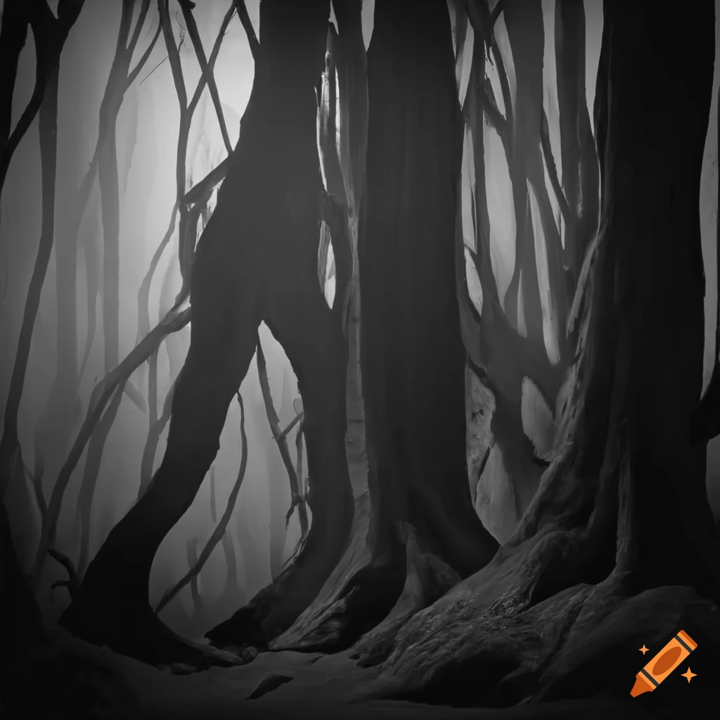 black and white image of a spooky forest