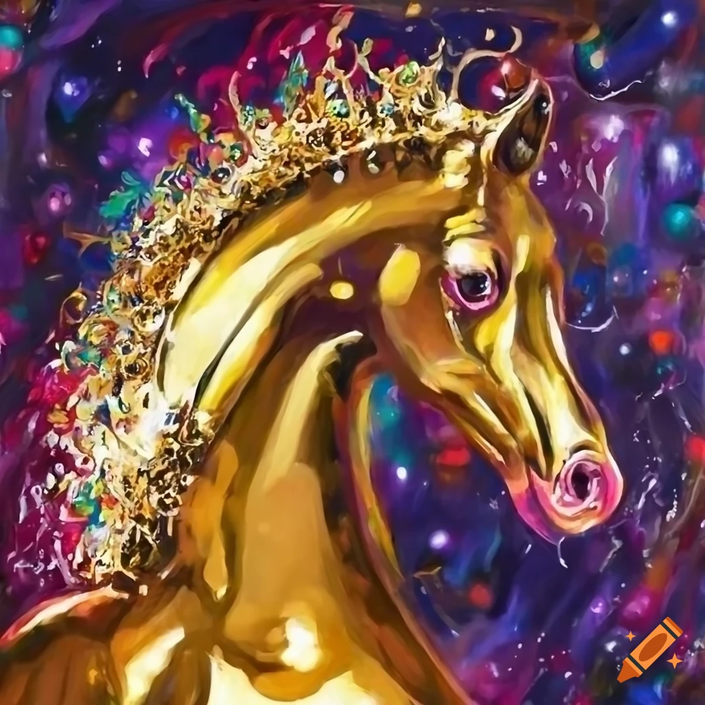 Oil painting of a golden horse with new year's eve rockets in the