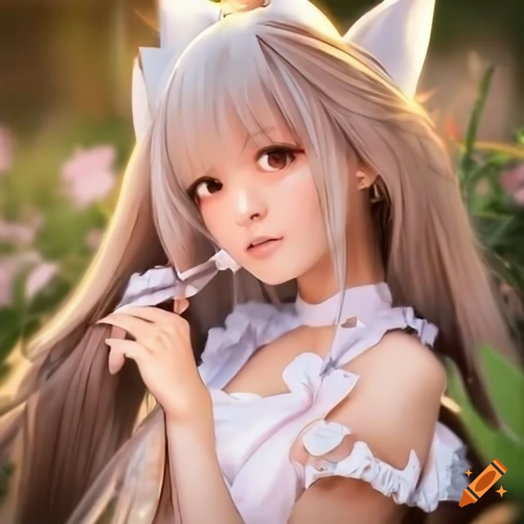 cute anime fox maid in a garden