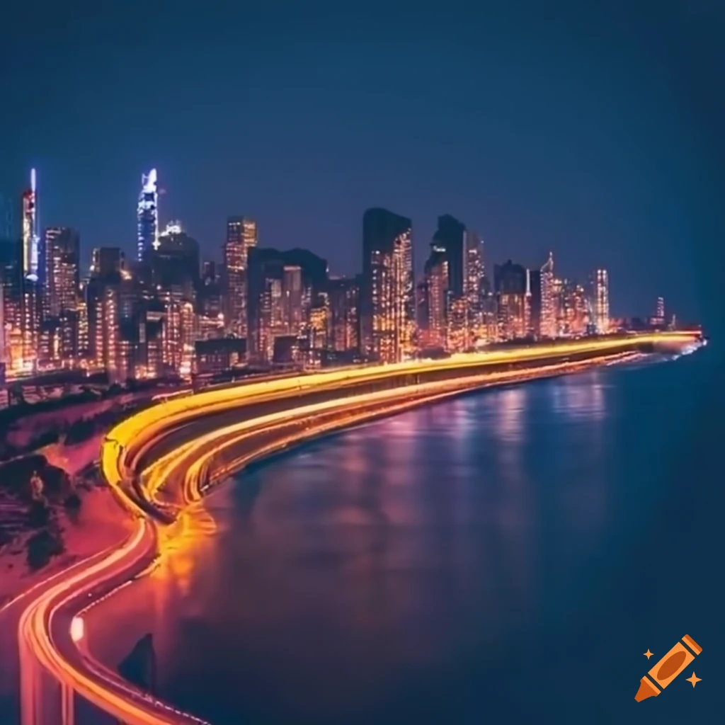 aerial view of a coastal highway in a city at night
