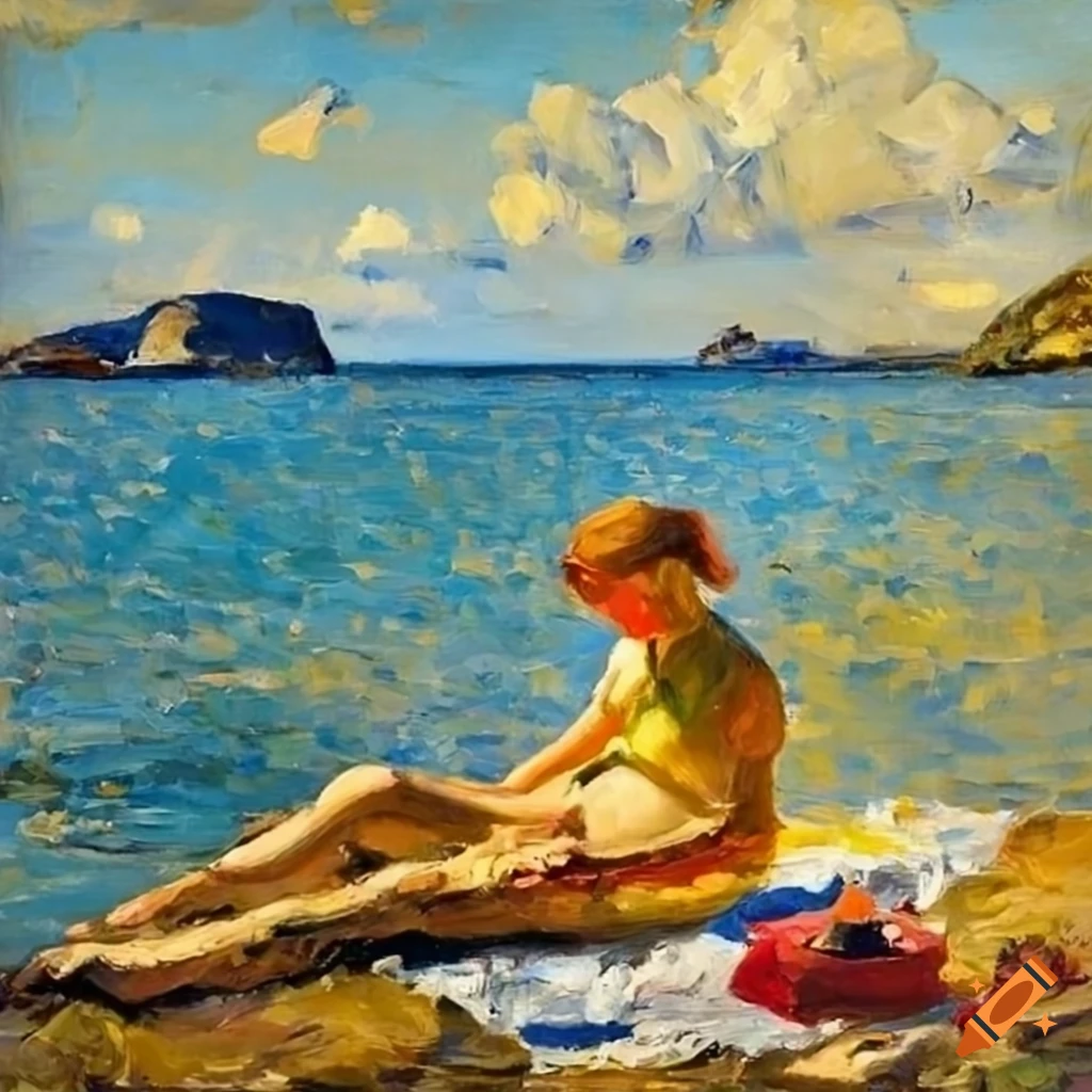 oil painting of sunbathers at the water's edge in Norway