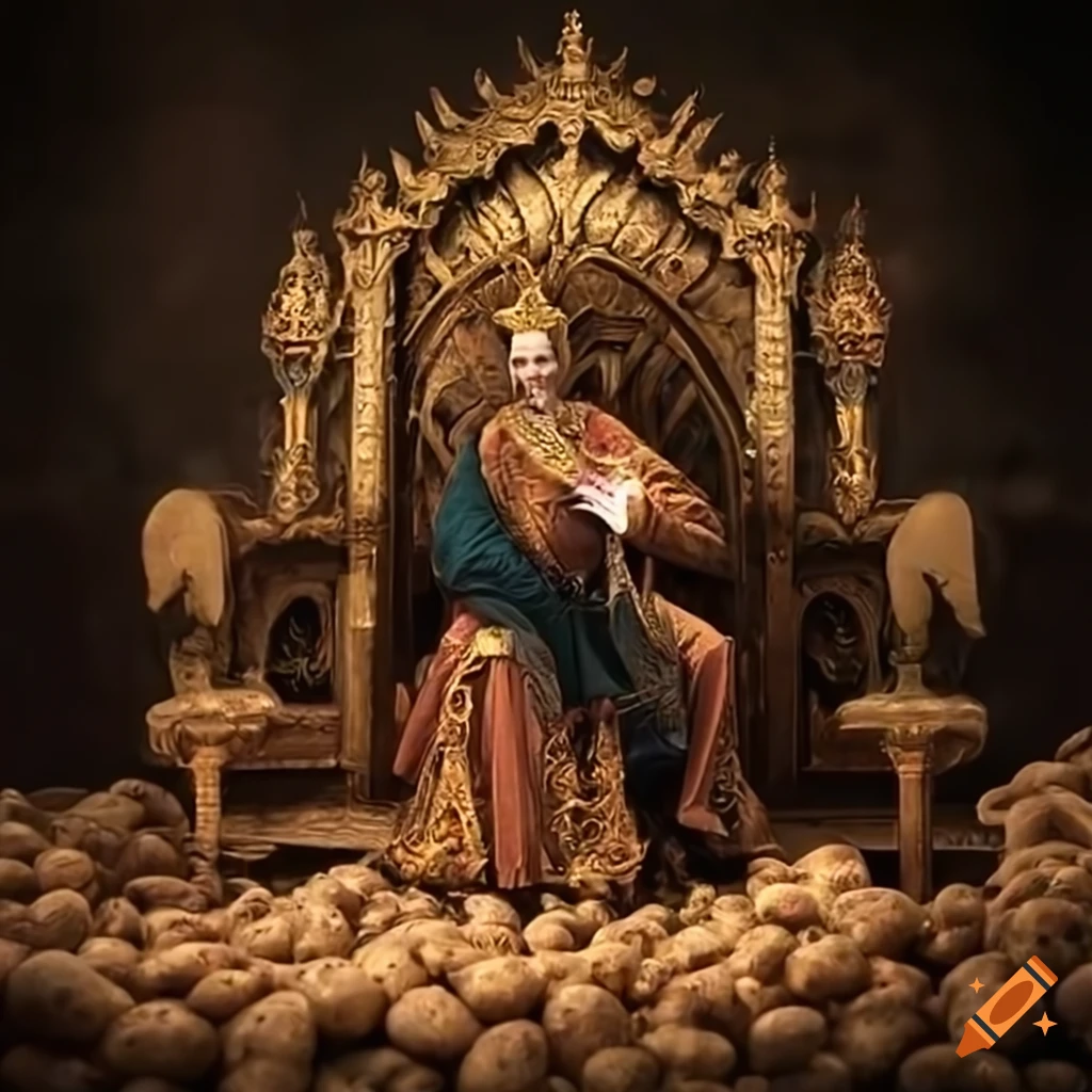 autumn king sitting on a throne surrounded by potatoes