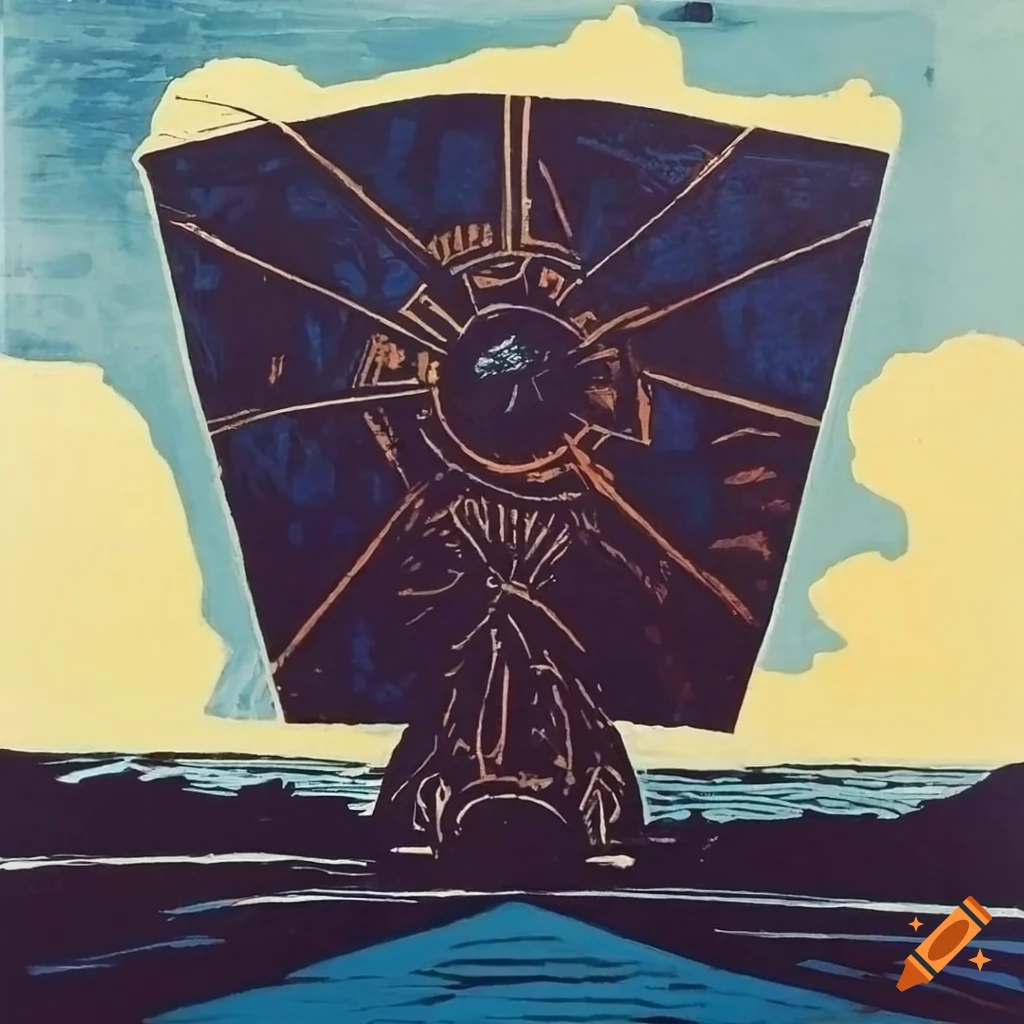 Linocut of an intricate tie fighter artwork