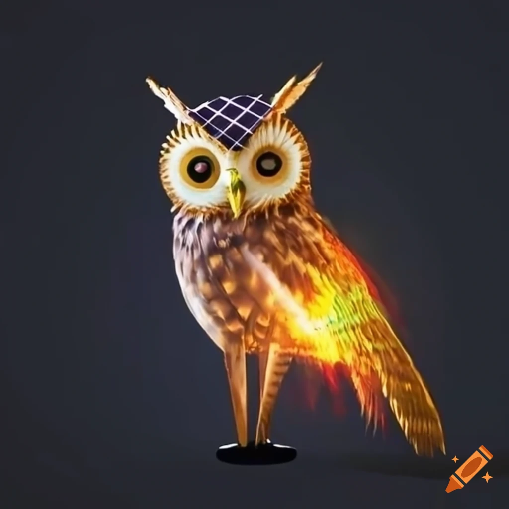 Solar powered owl flying in the night sky on craiyon