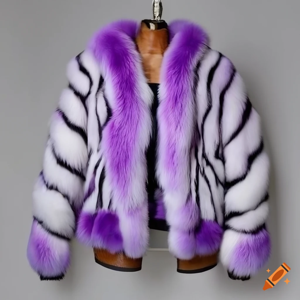 White and purple zebra print fur jacket