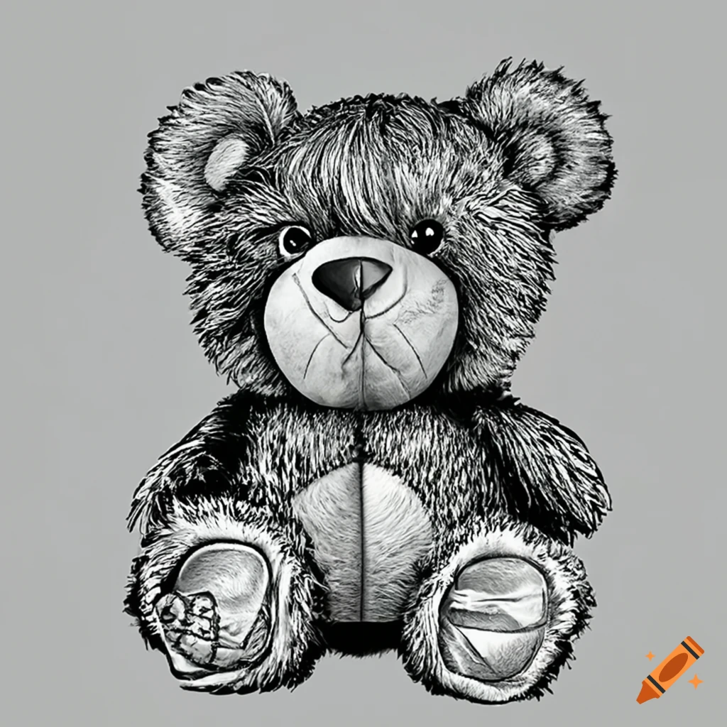 Retro style teddy bear with heart shaped patch, hand drawn doodle sketch,  isolated outline illustration Stock Photo - Alamy