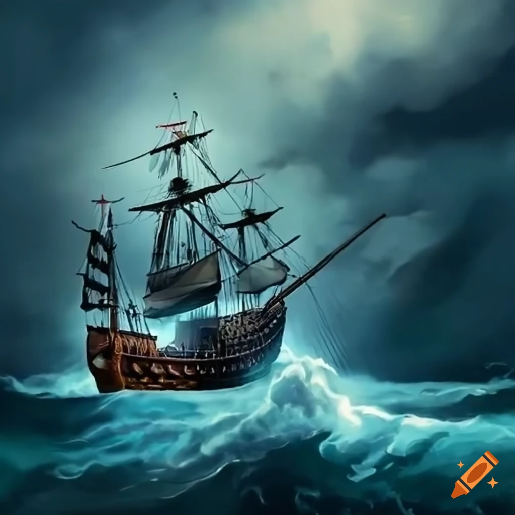 Pirate ship battling a fierce storm