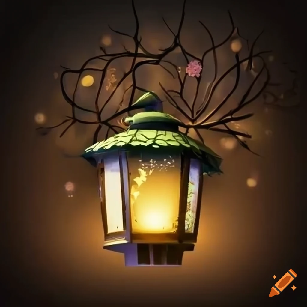 decorative lantern surrounded by leaves and flowers