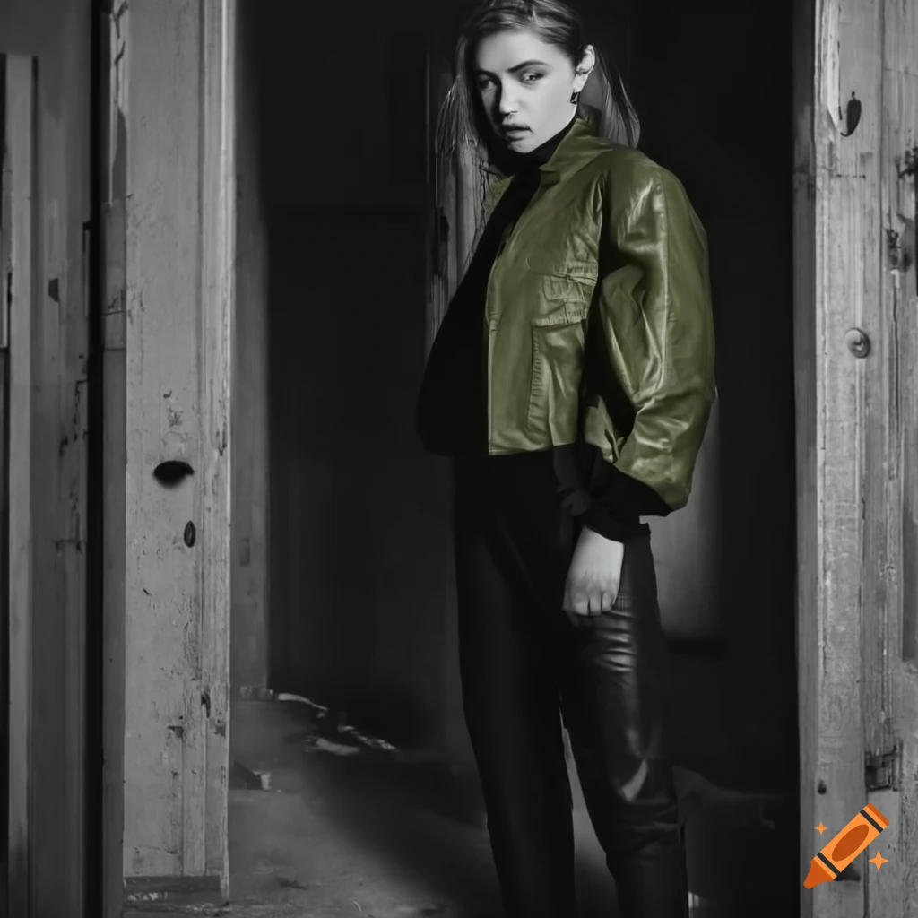 fashionable woman standing in a doorway of a building