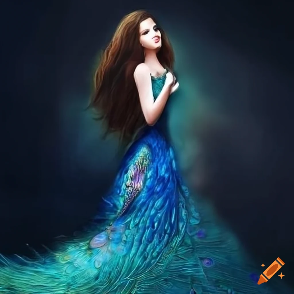 wall art of a girl in peacock frock