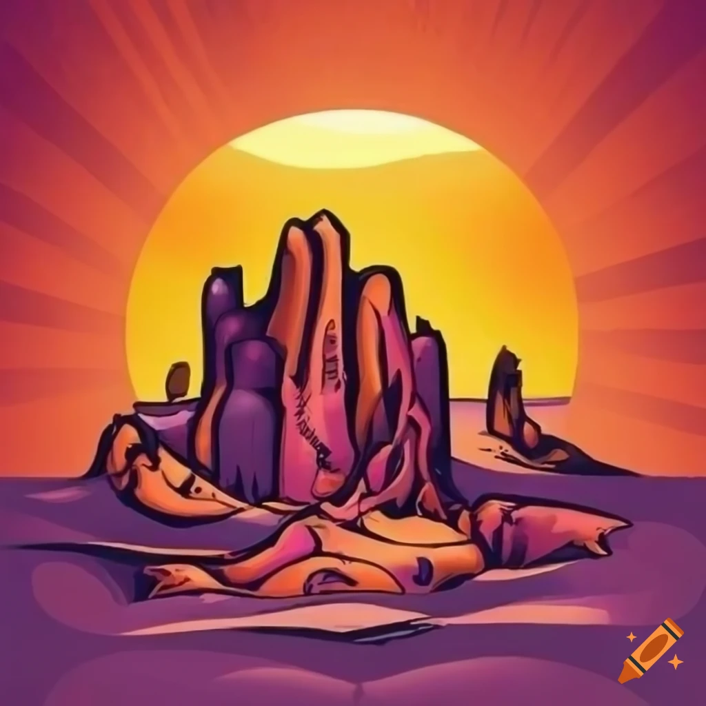 psychedelic comic style logo with arm holding a shovel in a desert