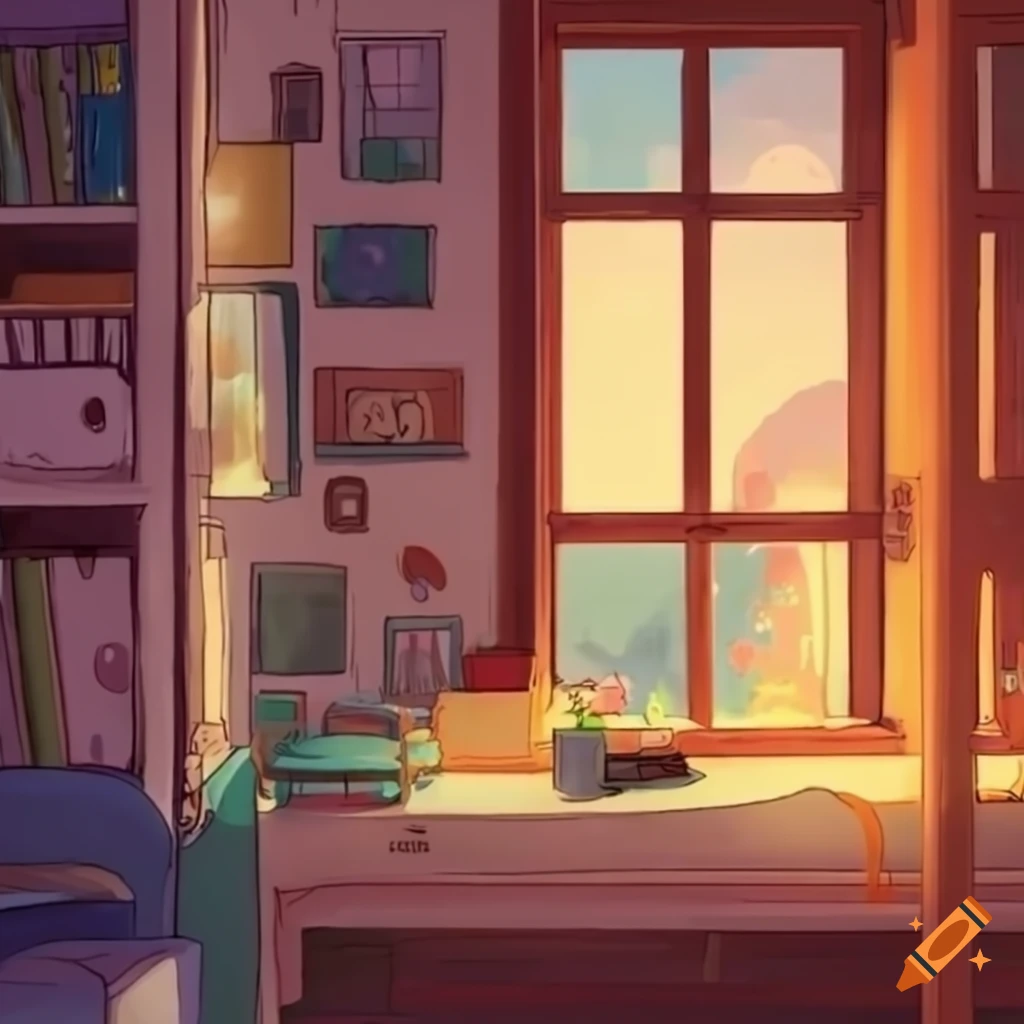 cozy student room with a big window in Ghibli manga style