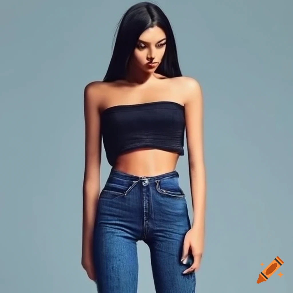 Blue skinny jeans and black crop top outfit on Craiyon
