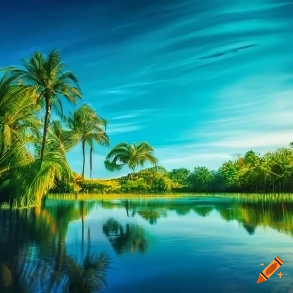 tropical paradise with water springs and palm trees