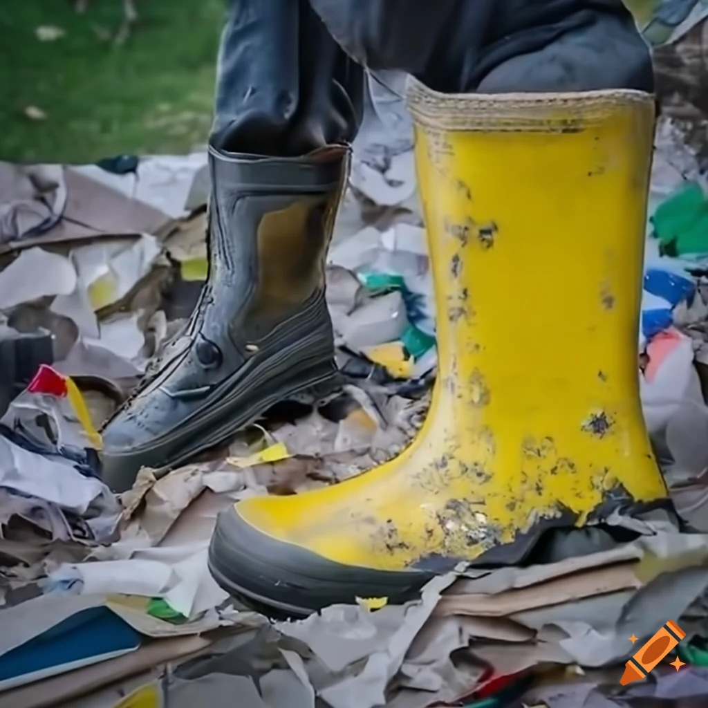 Closeup of dirty rubber boots sinking into garden trash