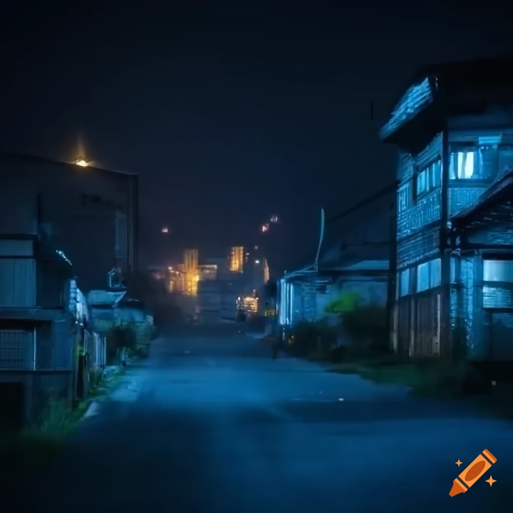photorealistic depiction of a run-down Japanese industrial area