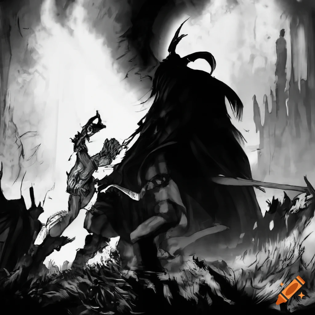 Intricate black and white manga artwork of guts from berserk on Craiyon