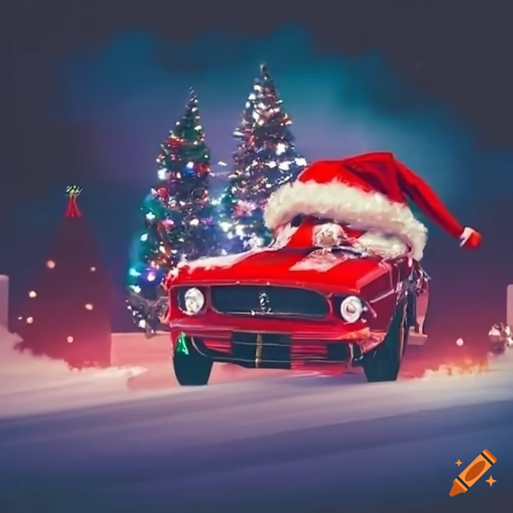 Santa Claus drag racing in a Mustang during Christmas