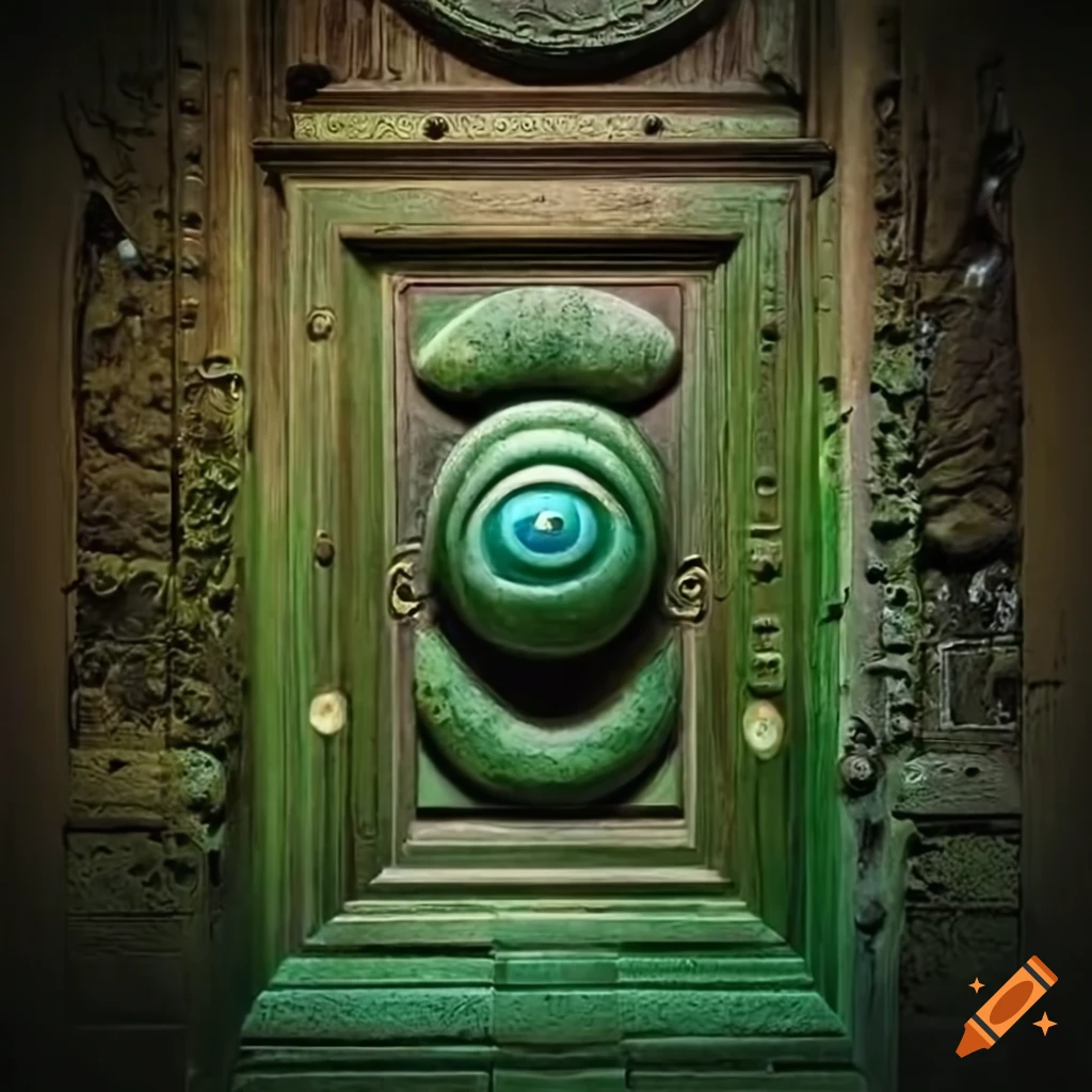 Ancient mosscovered door with allseeing eye
