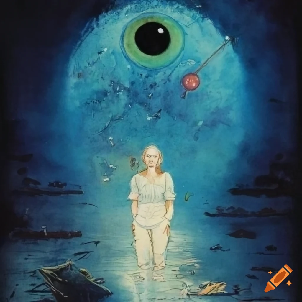 Eye in the sky illustration in 1970s science fiction style