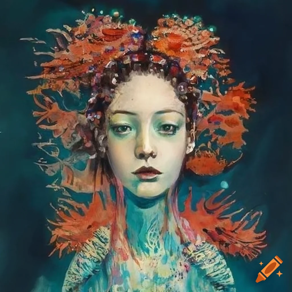 Fashion illustration of a woman with fish swimming in her hair on craiyon