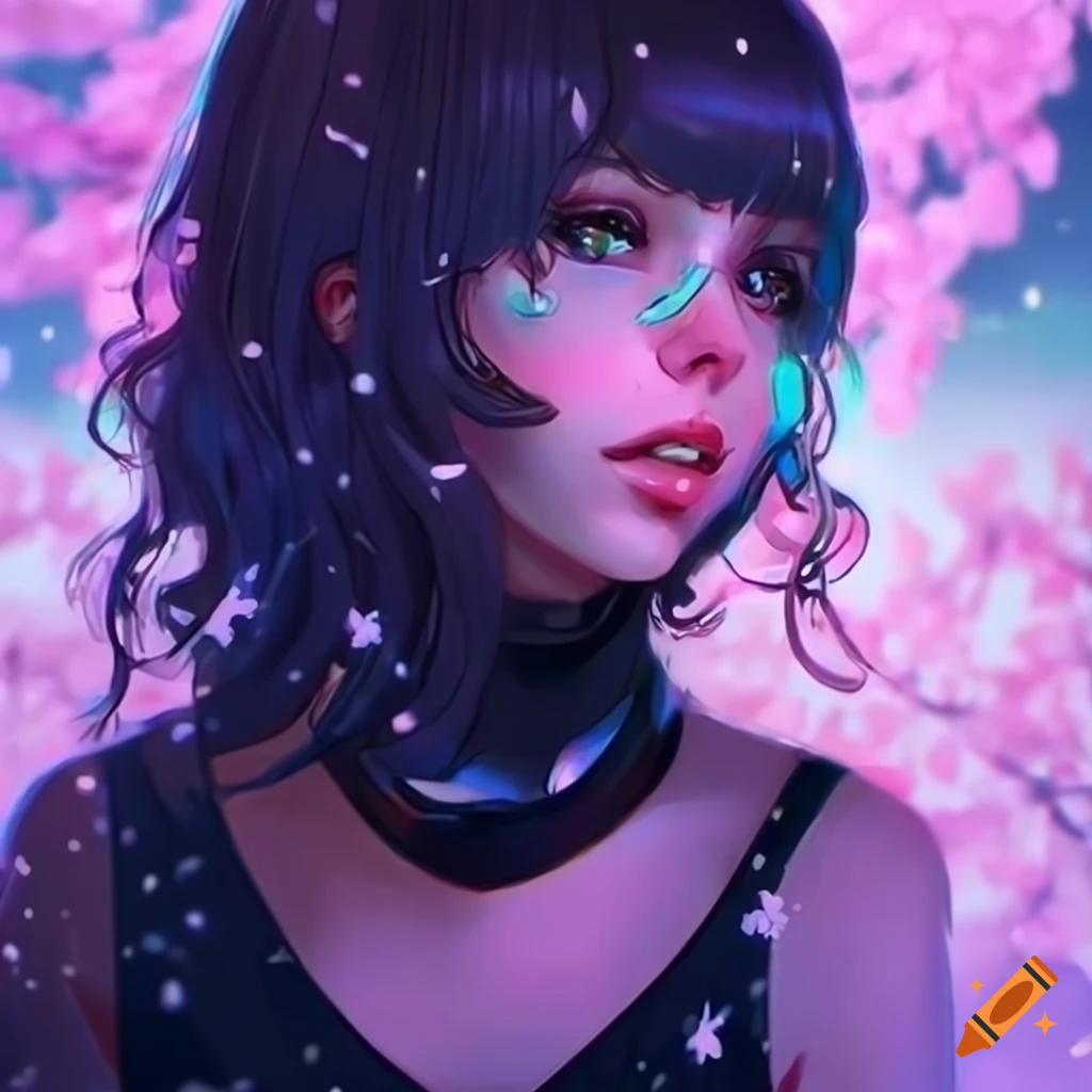 Realistic artwork of a cyberpunk girl with long curly hair