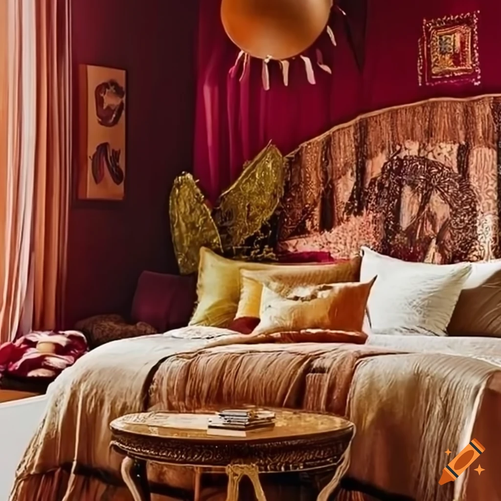 Boho style bedroom with detailed decor and bright light on Craiyon