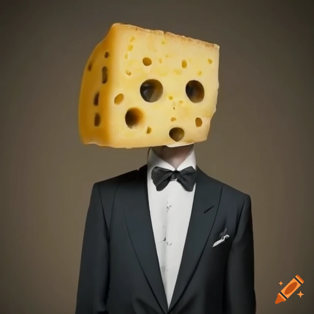 Peculiar artwork of a man in a suit with a cheese head