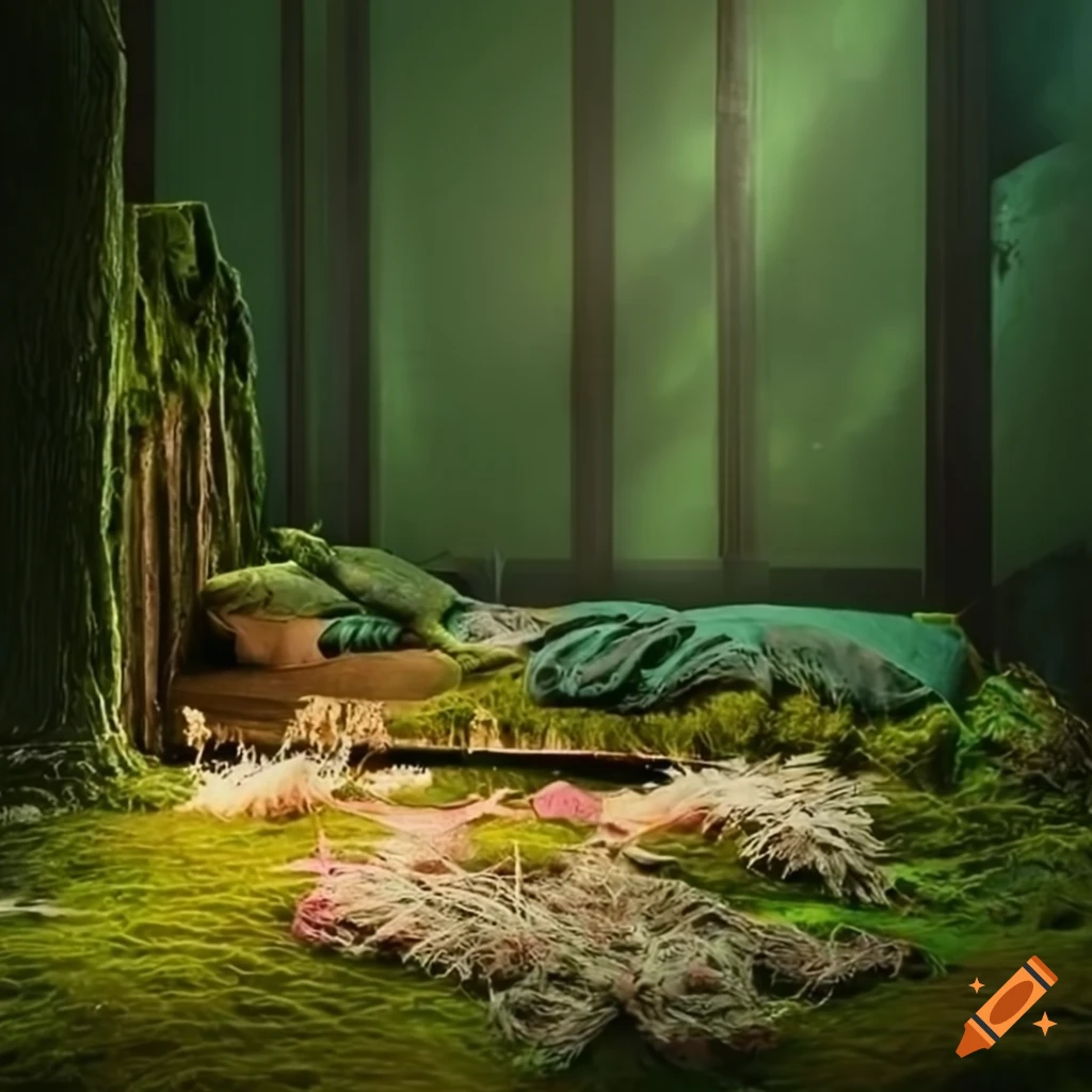 Mossy bedroom with a lake inside on Craiyon