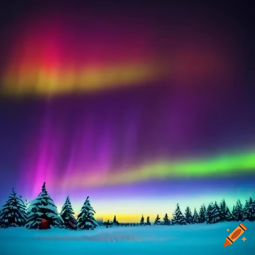 Colorful northern lights dancing above a christmas tree