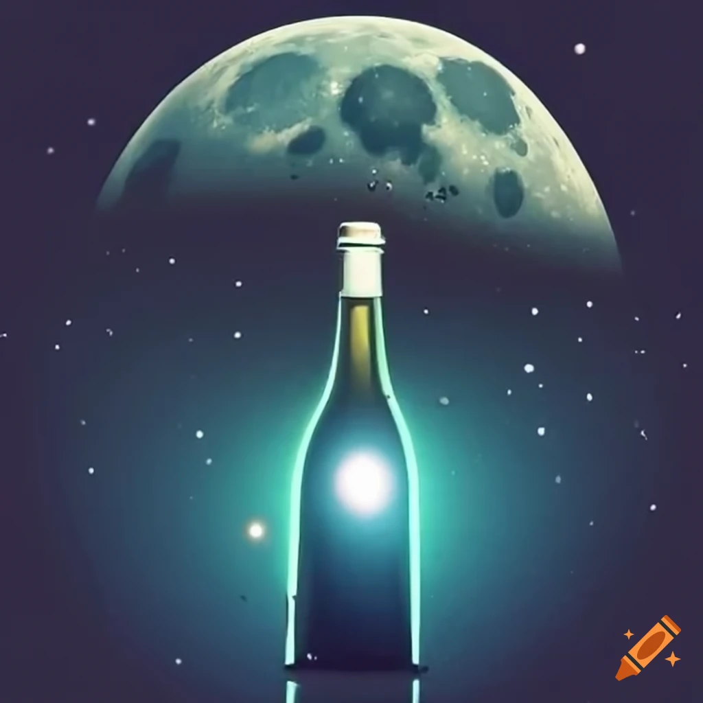 Wine bottle floating in space by the moon on Craiyon