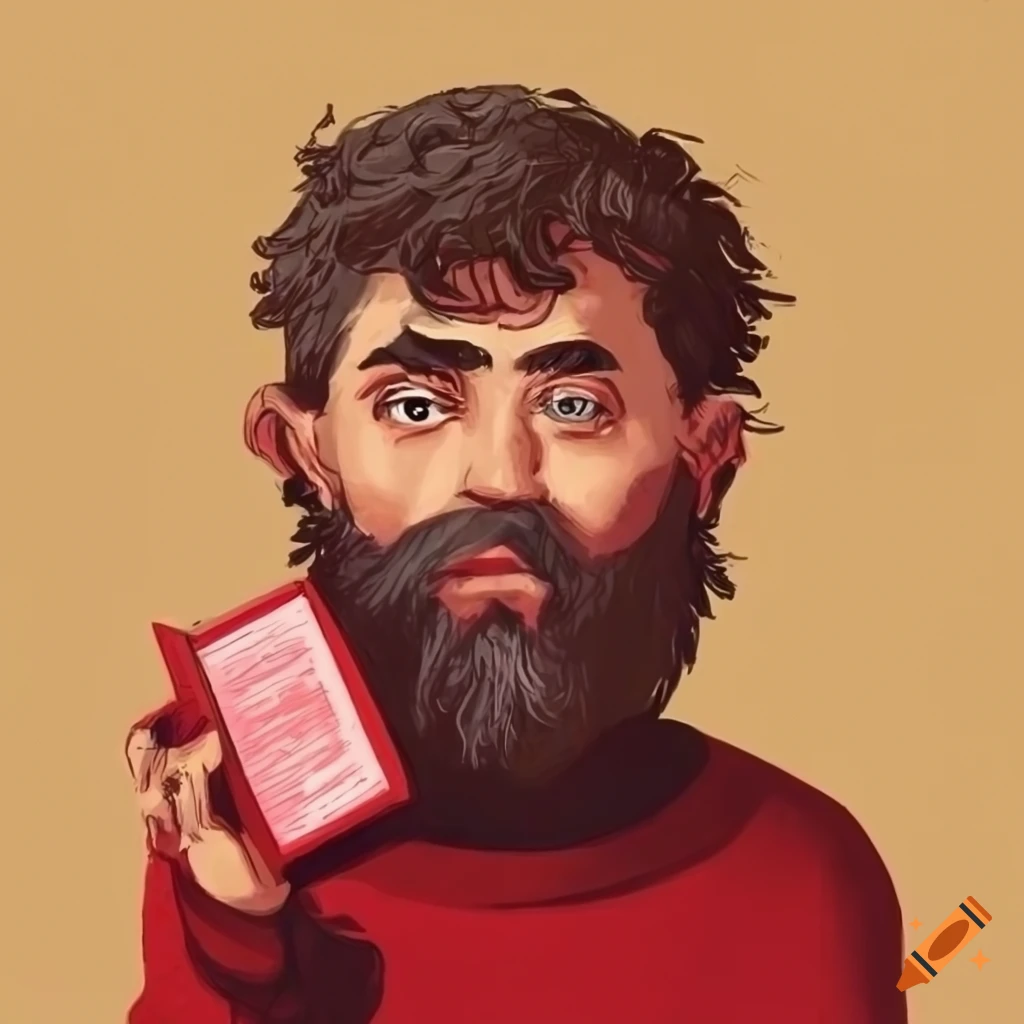 illustration of a man with a red sweater holding a red book titled "The Capital" of Carl Marx