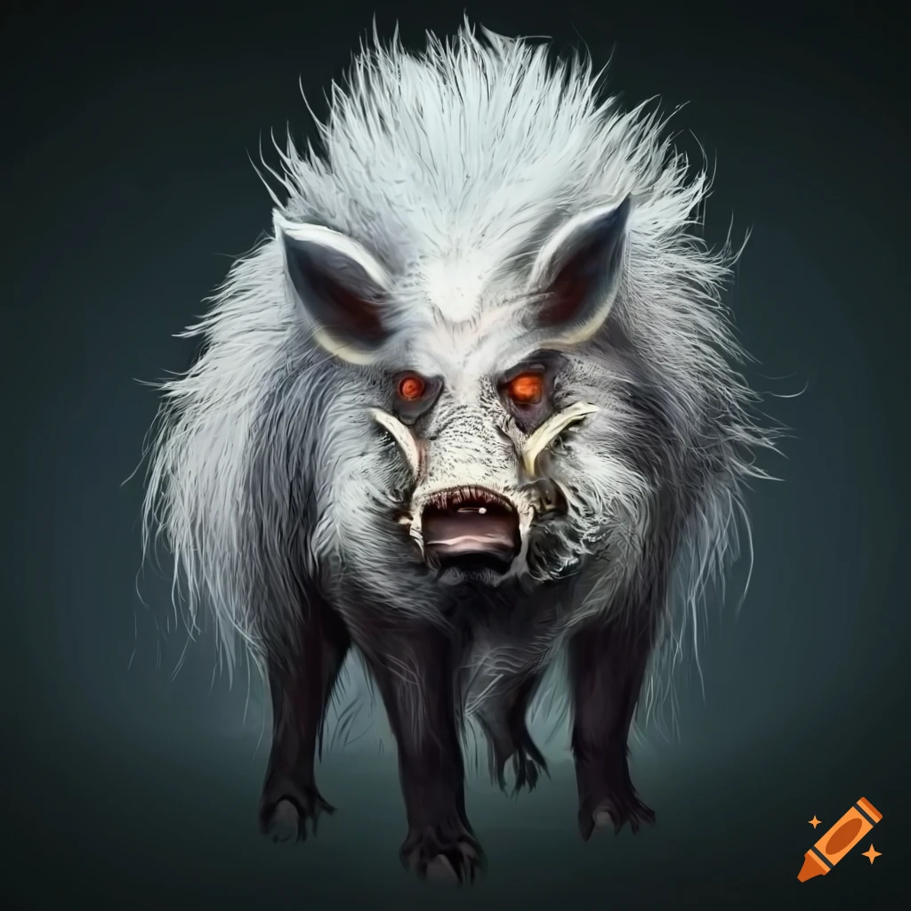 Image of a fierce whitehaired boar with sharp tusks on Craiyon