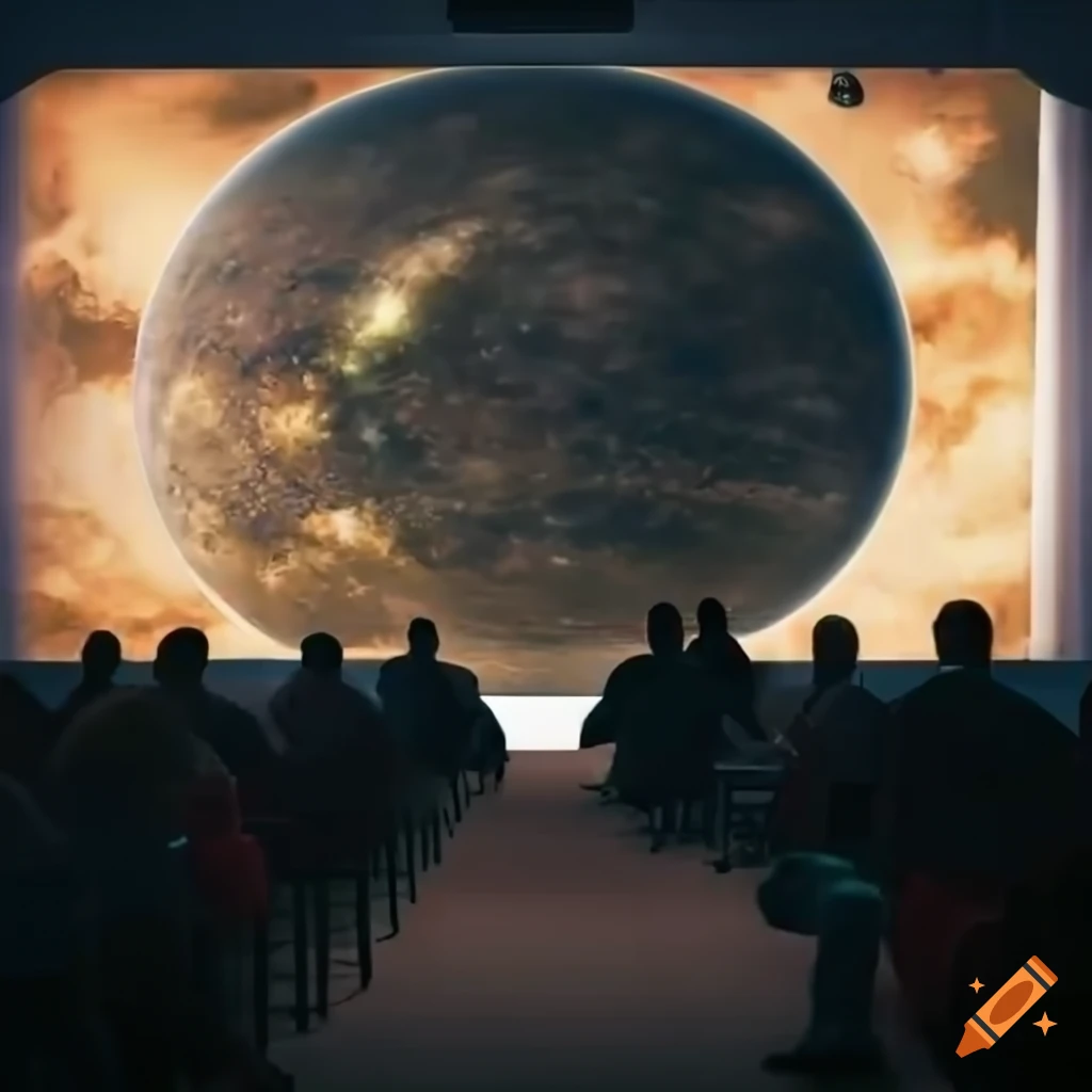 conference presenter with planet image on screen