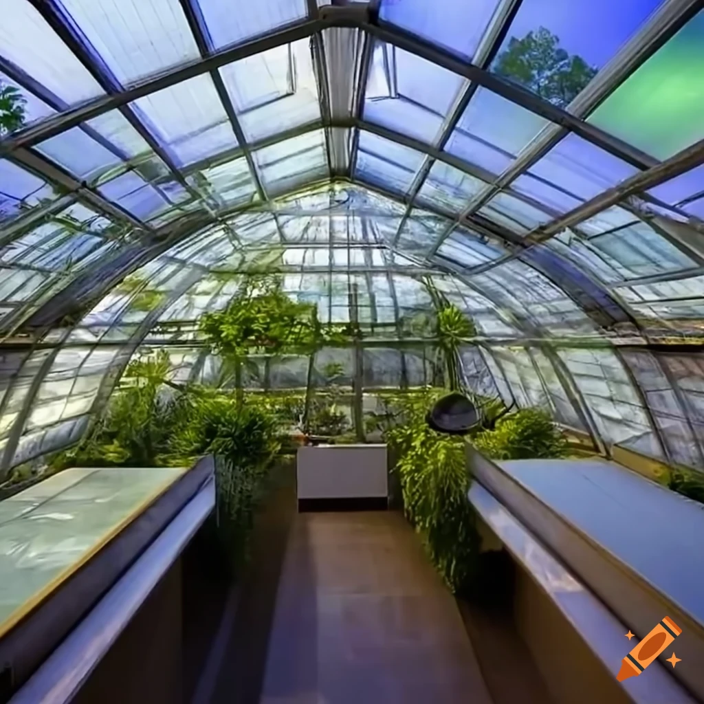 Colorful glass greenhouse with study areas on Craiyon