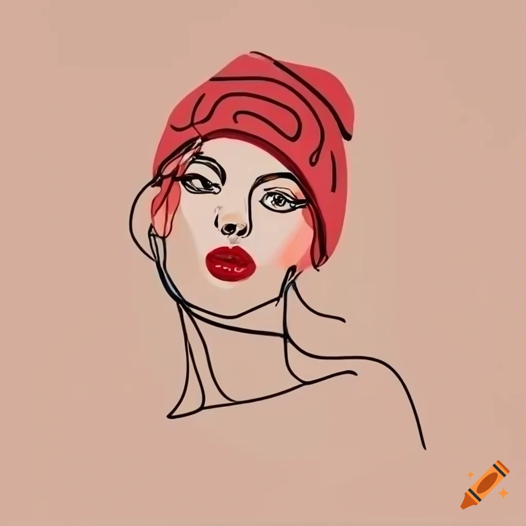 retro one line drawing of a woman with a beanie