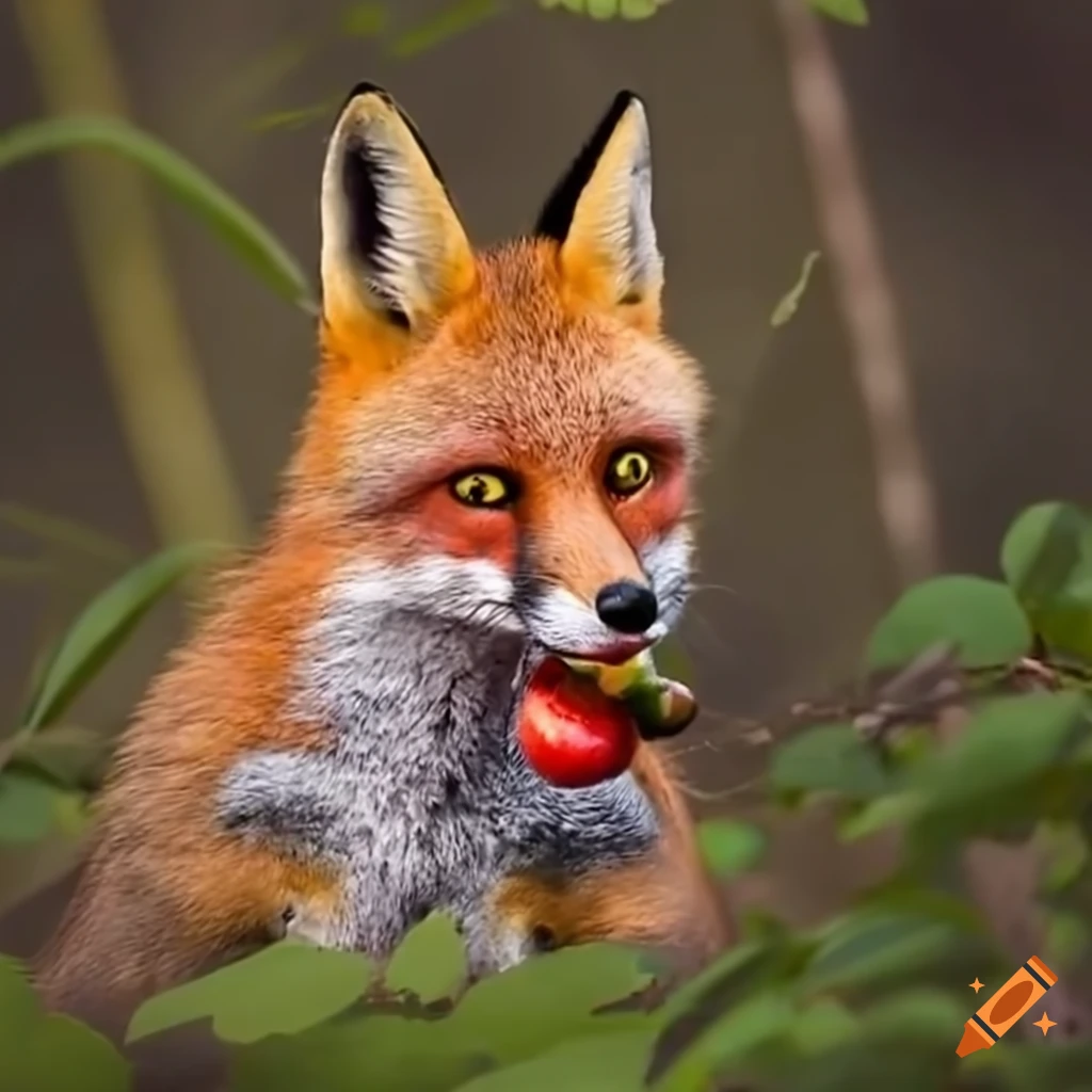 cute red fox eating an apple in the forest